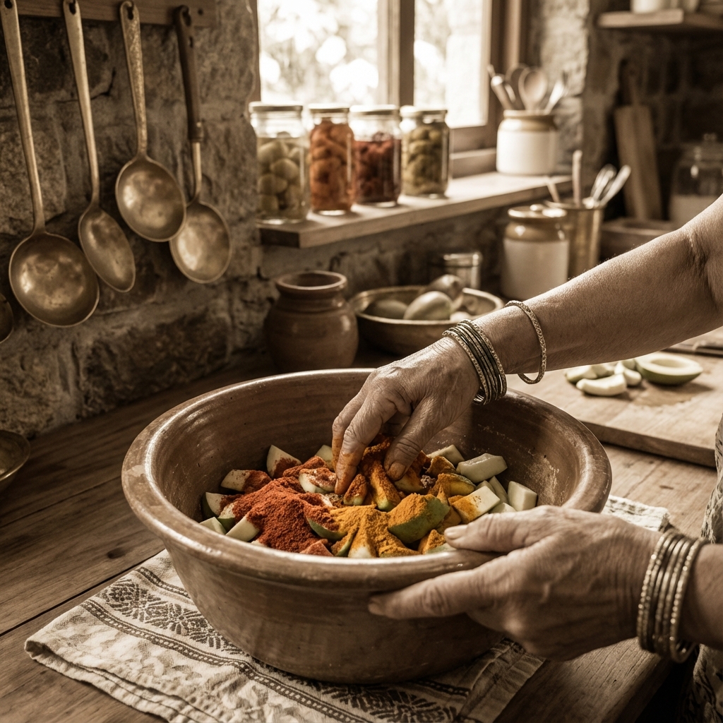 Grandmother making pickles